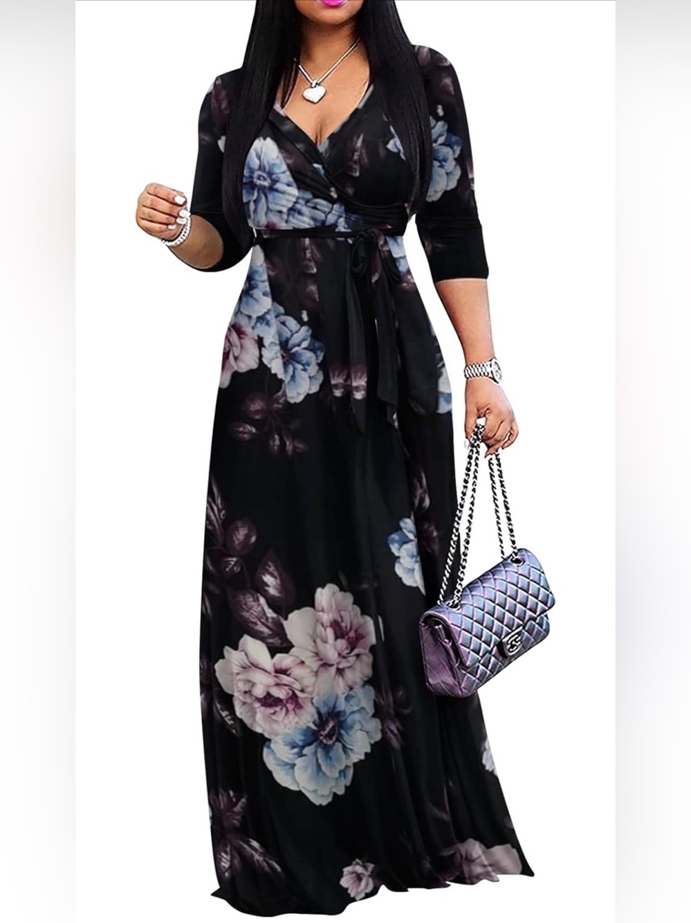 0114: Women’s Floral Summer Maxi Dress Sexy Wrap V-Neck in Black and Blue